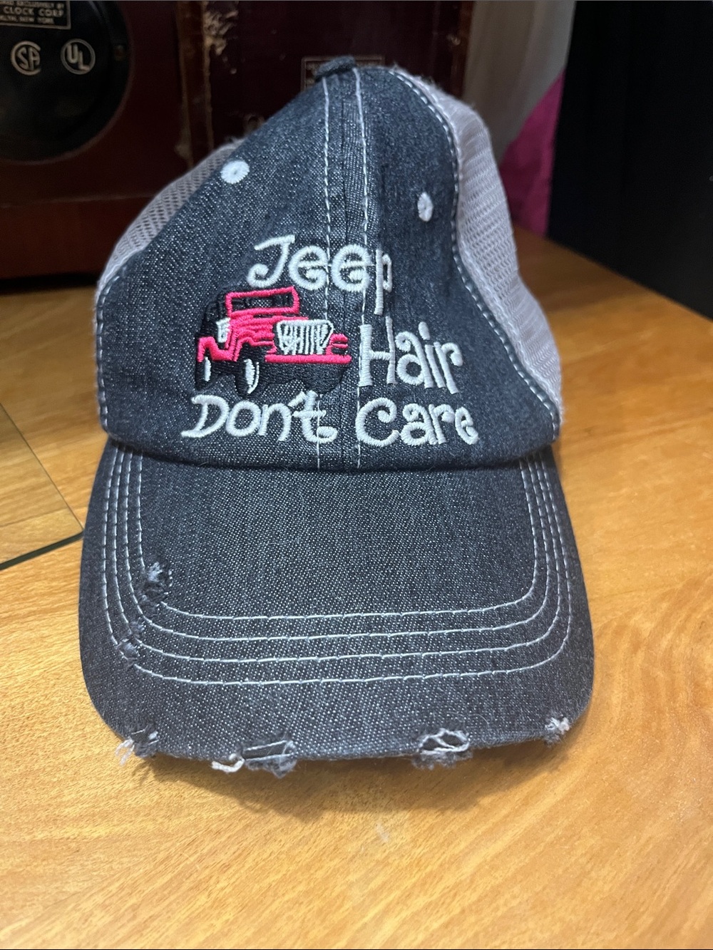Jeep Hair Don't Care Trucker Hat - Black with Pink Accent